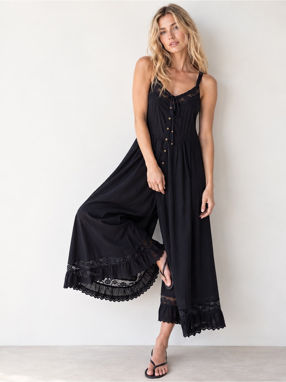 Natural Life Cotton & Lace Jumpsuit Black Wide Leg Boho Cottagecore Romantic